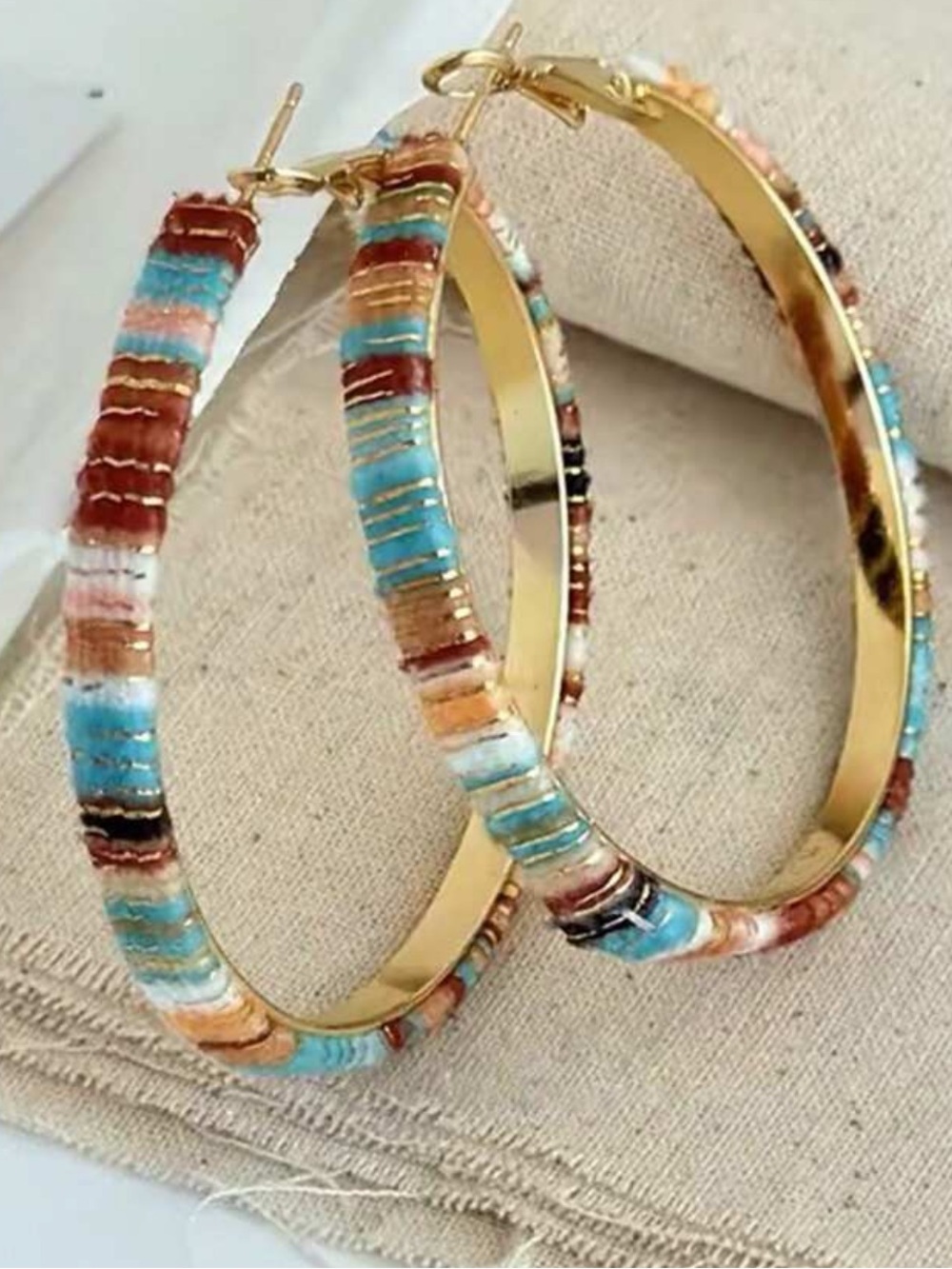 Gold Hoop Earrings with Multicolor Turquoise & Rust threads - Women Jewelry